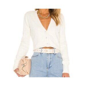 Amanda Uprichard Fuzzy V Neck Cardigan Long Sleeve Pearl Buttons Minimalist Whit